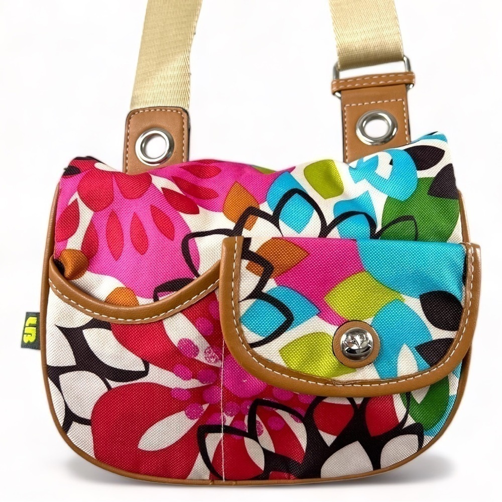 Lily Bloom Pink & Teal Mid Century Modern Floral Adjustable Crossbody Purse Bag